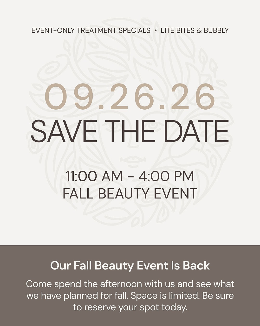Fall beauty event save the date announcement.