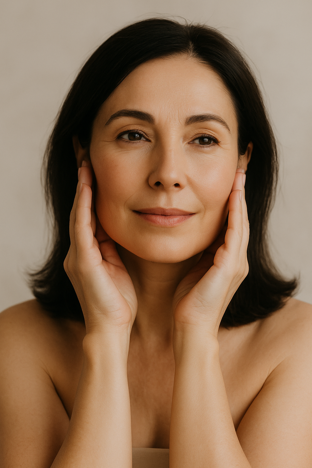 Thoughtful woman resting chin on hand.