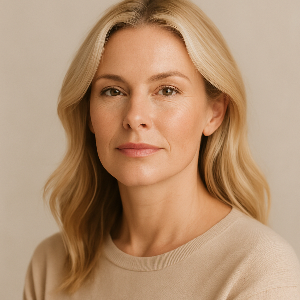 Smiling woman with tousled hair in gray blazer.