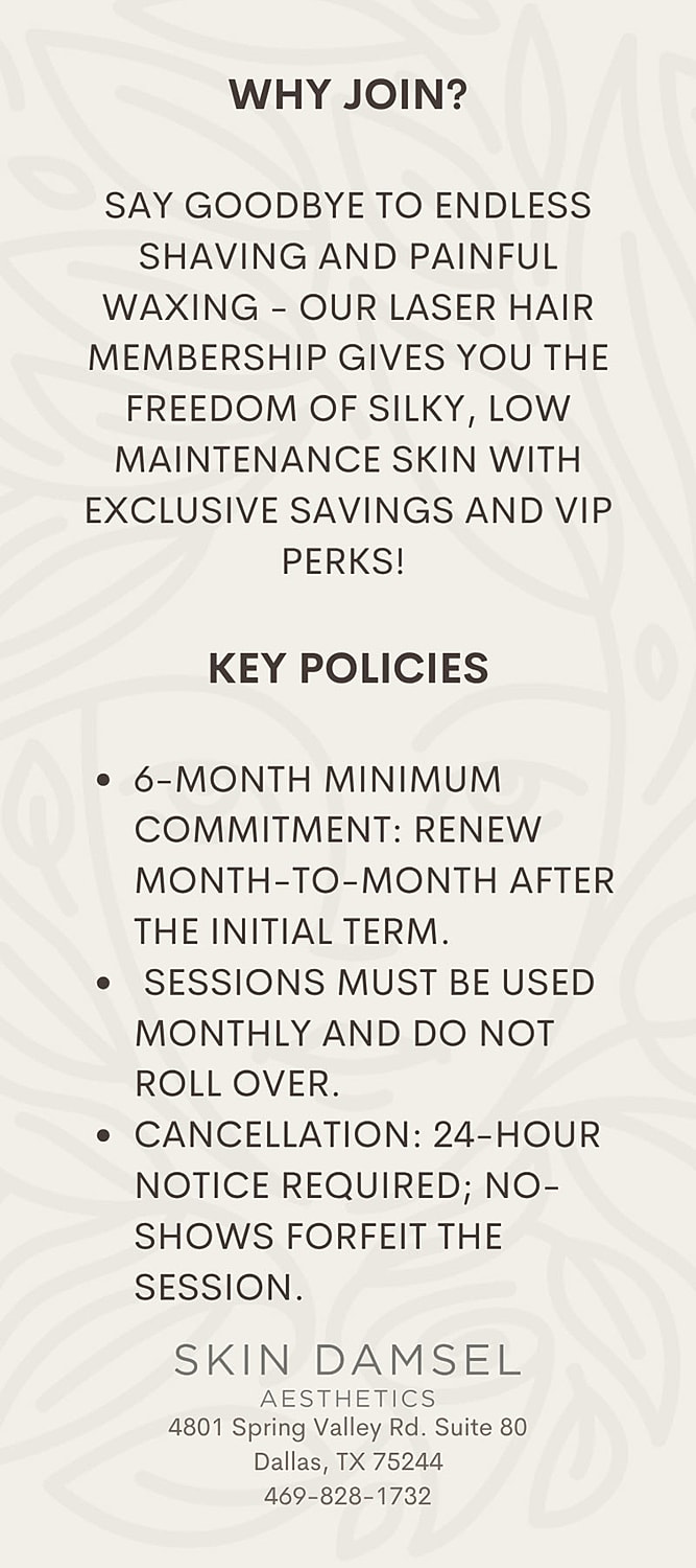 Laser hair removal membership promotional information.